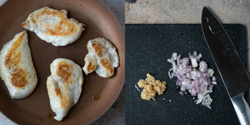 Browned chicken breast in a copper skillet