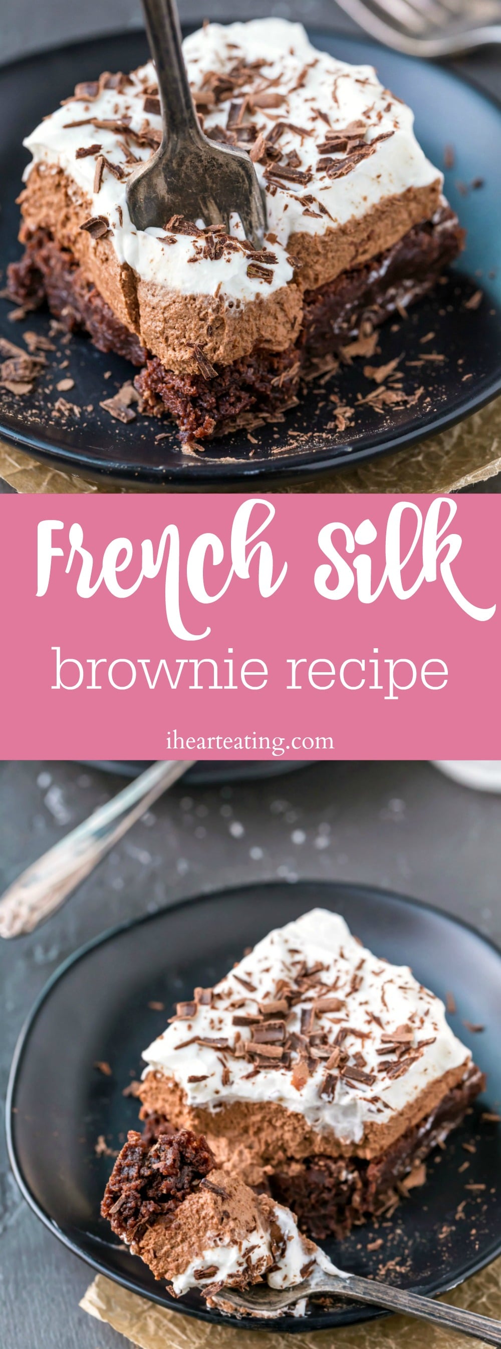 French Silk Brownie Recipe - chewy brownies topped with rich chocolate filling and sweet whipped cream.