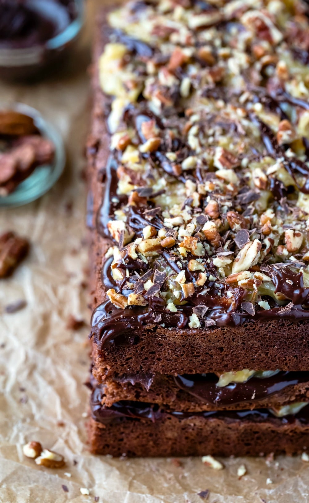 Layers stacked in German chocolate cake