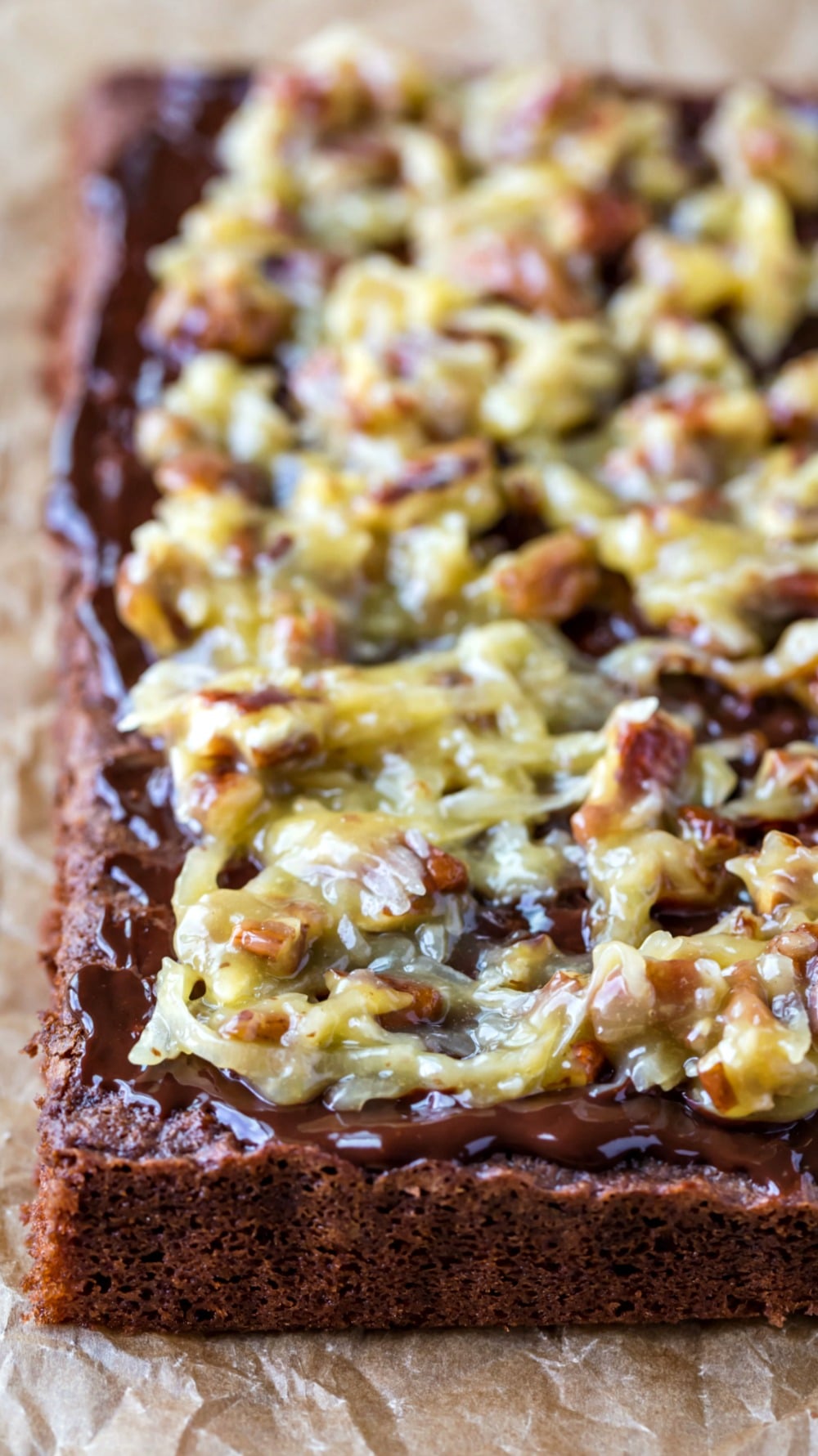 coconut frosting on German chocolate cake layer.