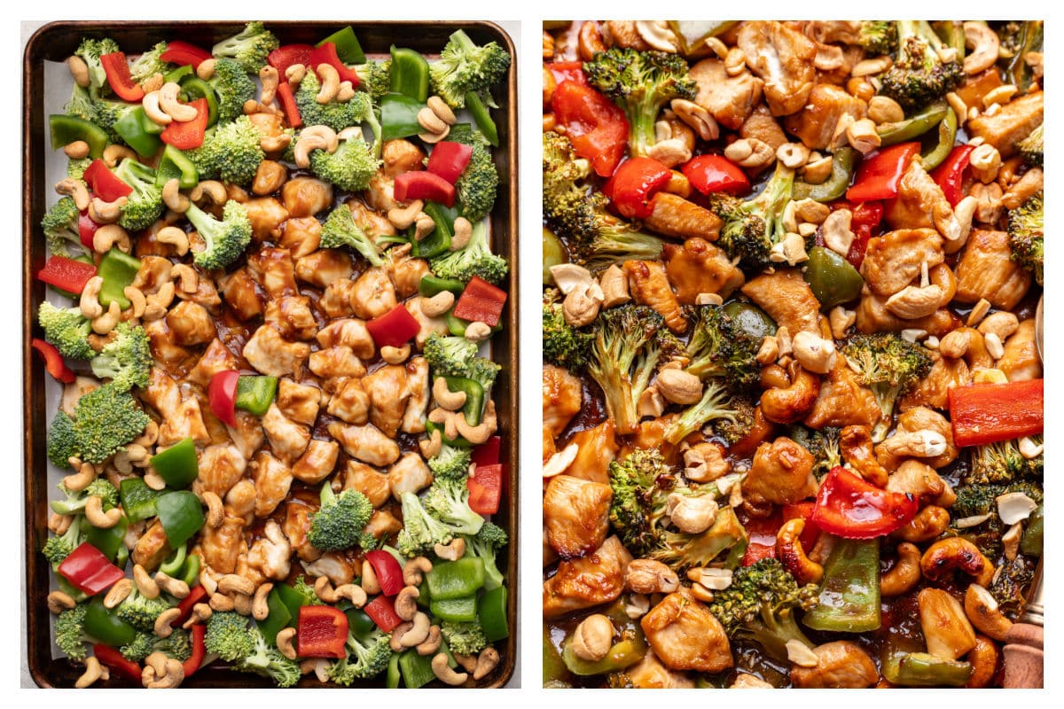 Veggies around chicken on a sheet pan next to baked sheet pan cashew chicken.