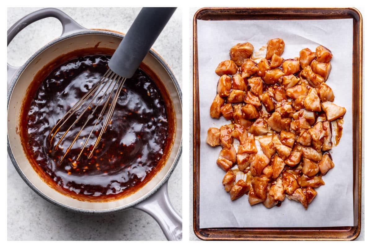Cashew chicken sauce in a pot next to chicken tossed in sauce.