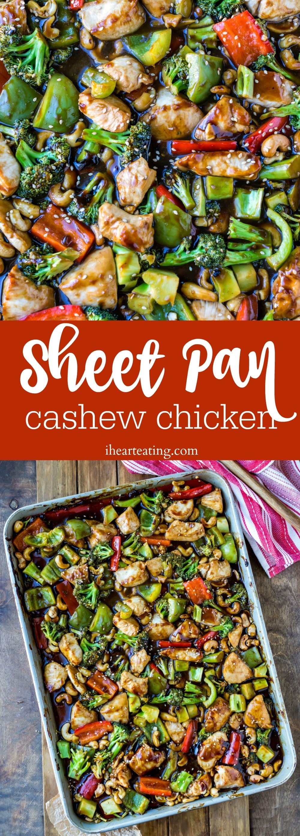 Easy dinner recipe! Sheet pan cashew chicken is a tasty 30 minute meal that's great for weeknights or for meal prep.