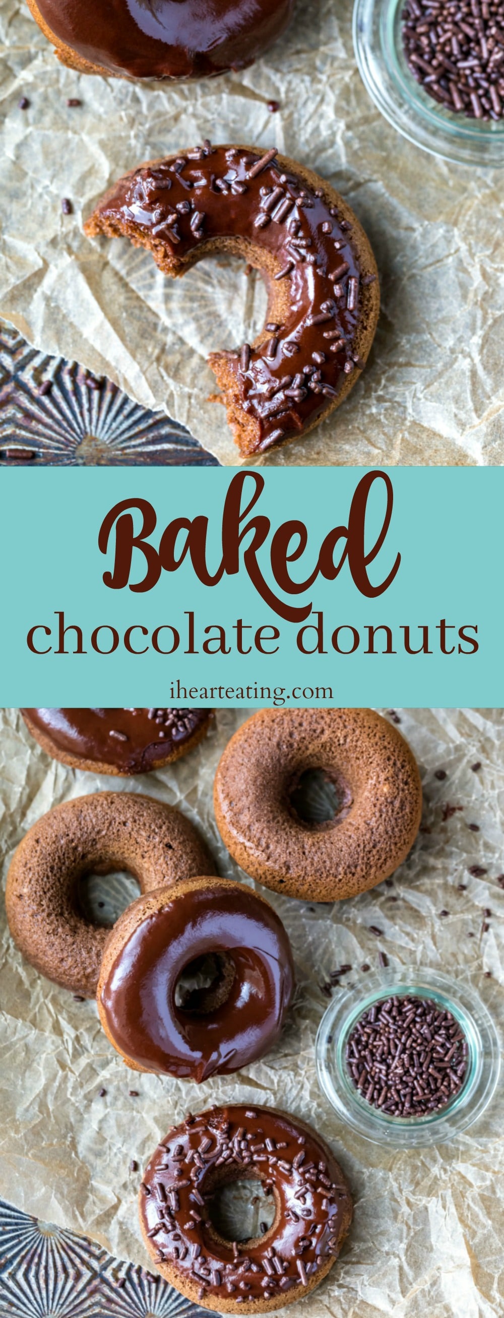 Baked Chocolate Donuts are soft, baked chocolate cake donuts topped with rich chocolate frosting. #donut #doughnut #chocolate #baked #breakfast #dessert #recipe #homemade