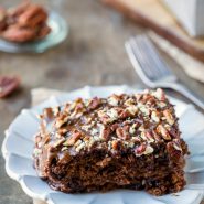 Slice of coca cola cake on a plate