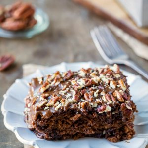 Slice of coca cola cake on a plate