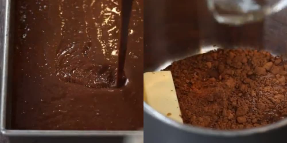 Chocolate cake batter pouring into a pan