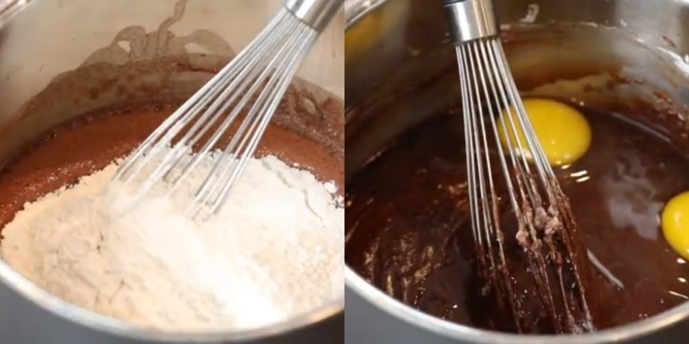 Coca Cola Cake Recipe Flour in a silver saucepan.