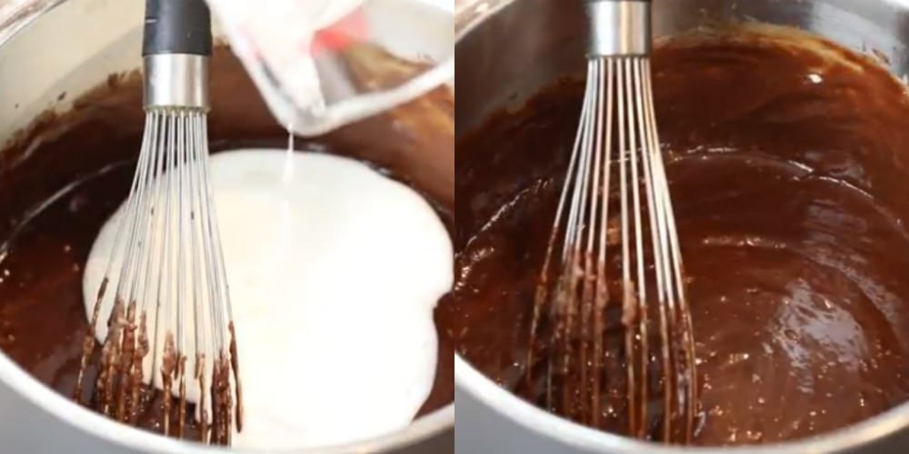 Buttermilk pouring into a silver saucepan.