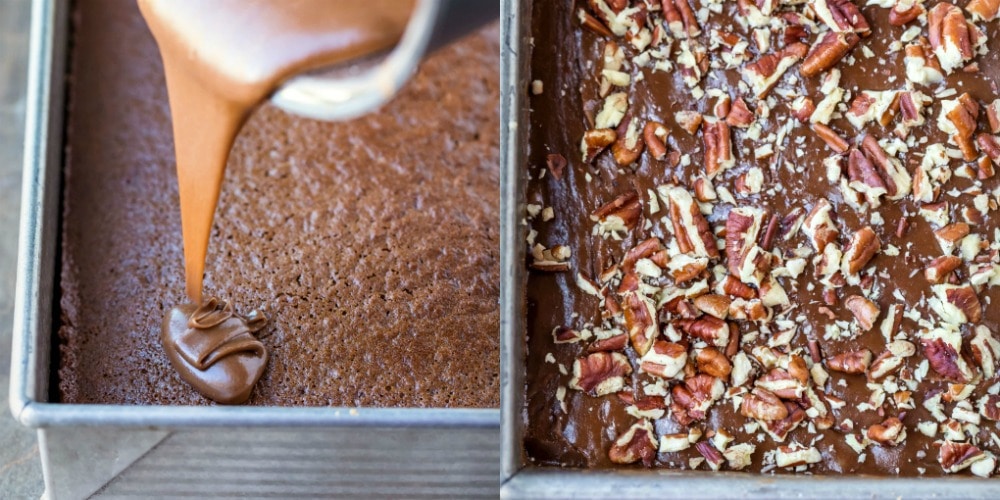 Frosting pouring onto a chocolate cake.