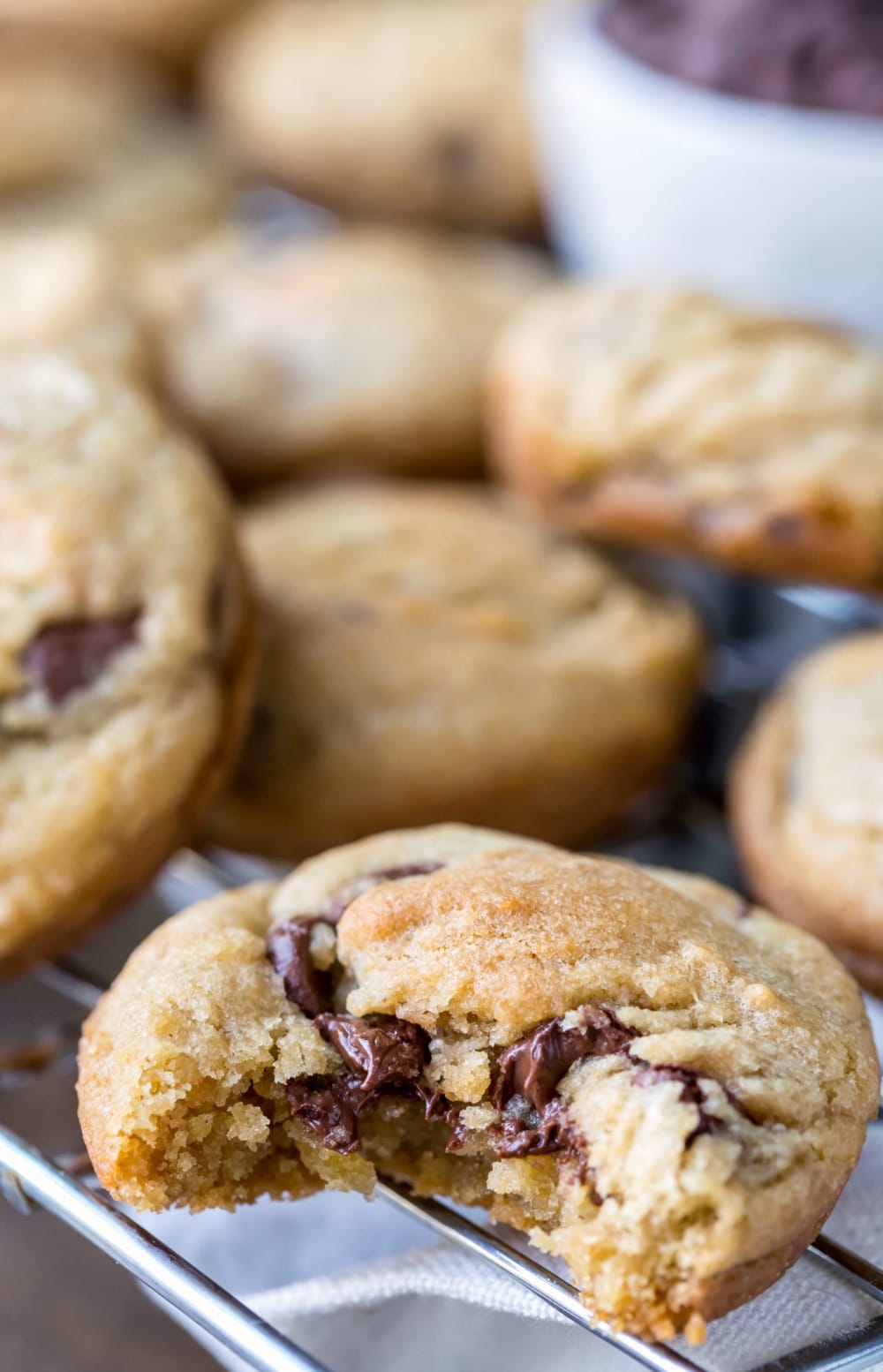 Muffin Tin Chocolate Chip Cookies on a wire cooling rack.