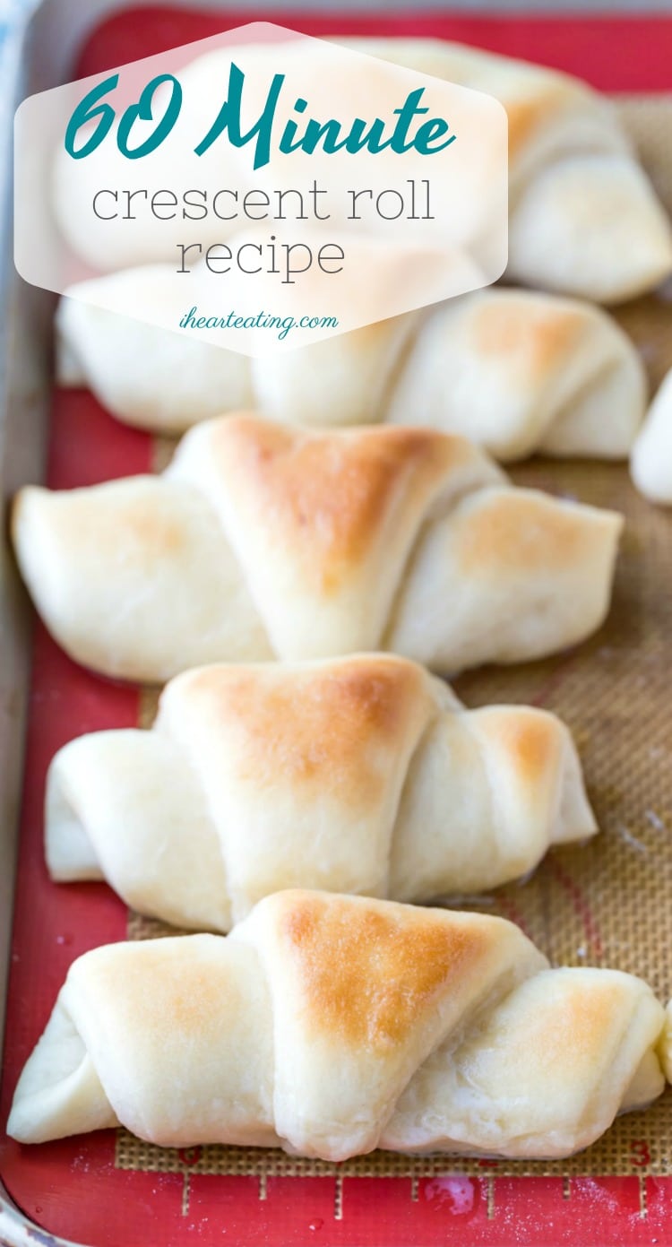 60 Minute Crescent Roll Recipe makes soft, buttery, homemade crescent rolls that are ready in just 1 hour!
#baking #recipe #rolls #bread #holiday #crescent #scratch #homemade #easy #fast #ihearteating