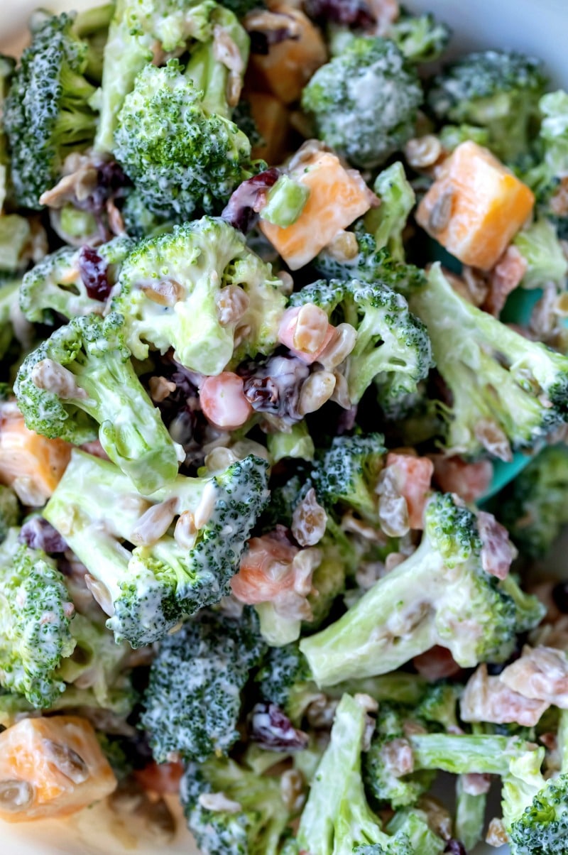Broccoli salad with cheese sunflower seeds and cheese cubes