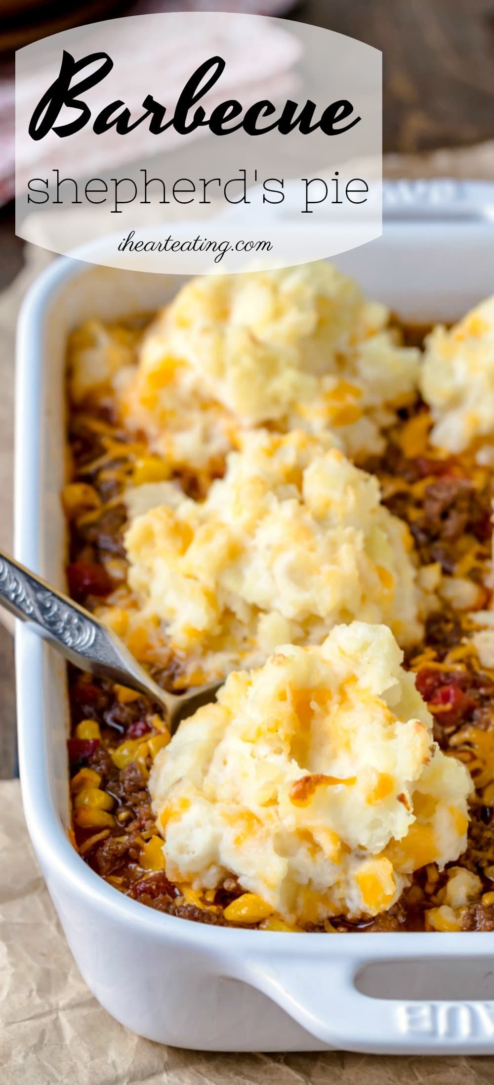 Shepherd's pie recipe made easy for weeknight dinners! This barbecue shepherd's pie is shepards pie meets barbecue burgers topped with simple homemade cheesy mashed potatoes. This family-friendly casserole dinner is a great ground beef recipe!
#groundbeef #potato #dinner #recipe #casserole #easy #fast #weeknight #familyfriendly #ihearteating
