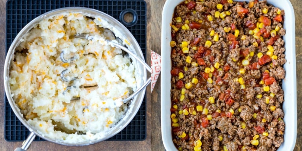 Pot of cheesy mashed potatoes and barbecue burger mixture