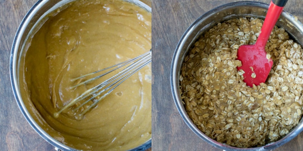 Oatmeal cookie batter in a silver pan