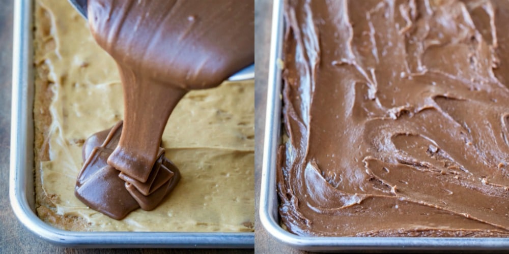 Chocolate frosting pouring onto peanut butter bars