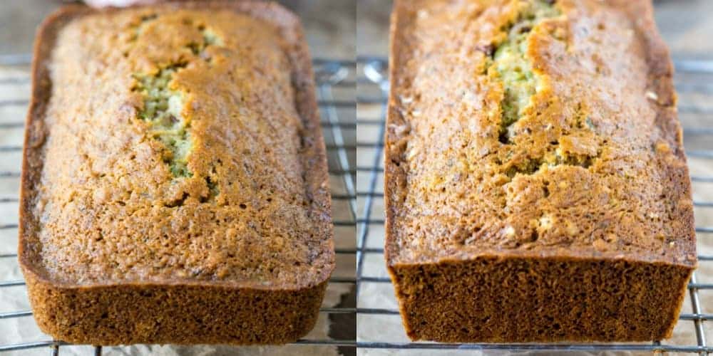 Two loaves of zucchini bread on a metal cooling rack