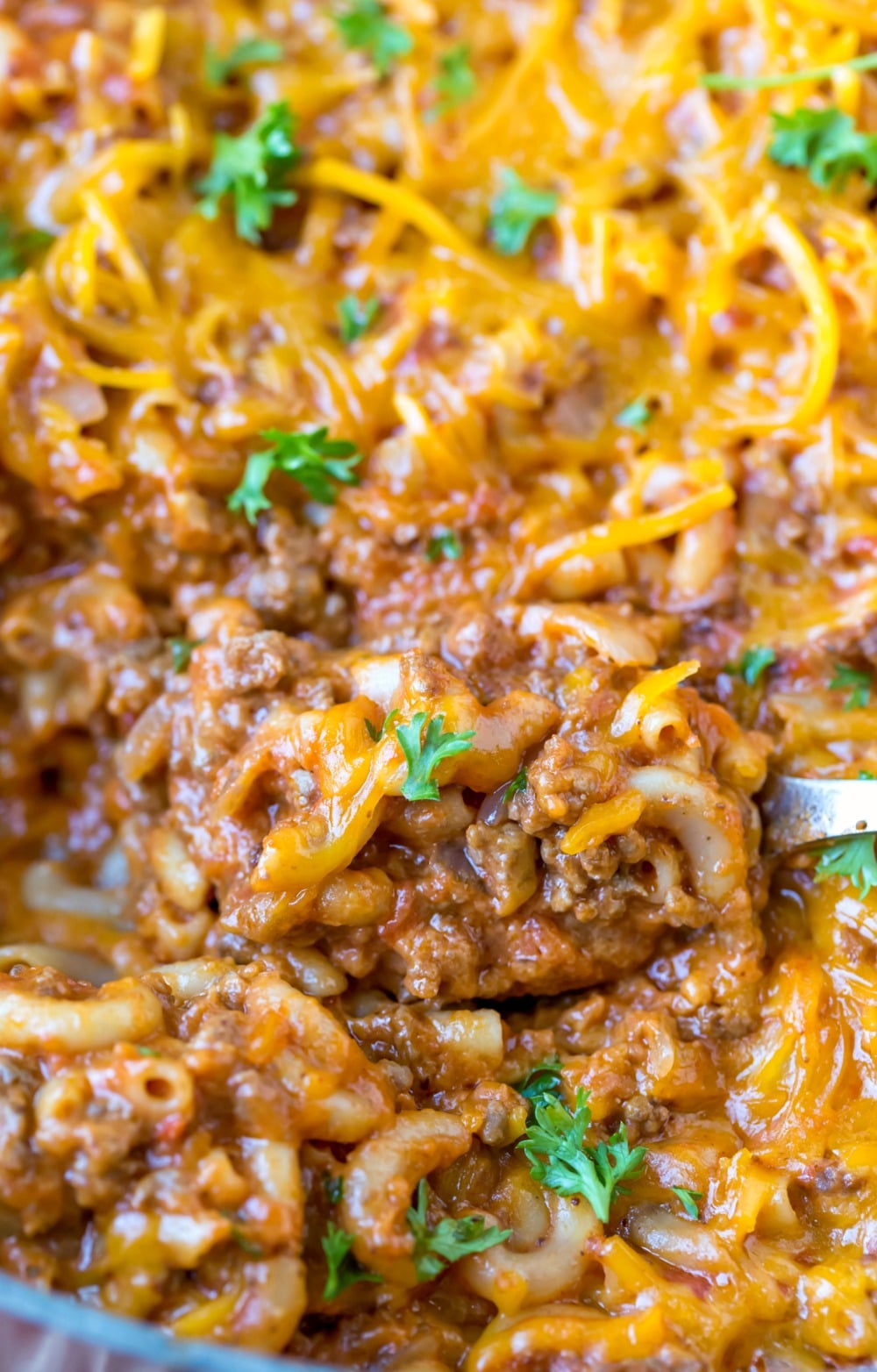 Spoon with a scoop of homemade hamburger helper