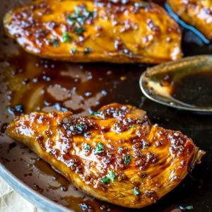 Pieces of Honey Garlic Chicken in a skillet