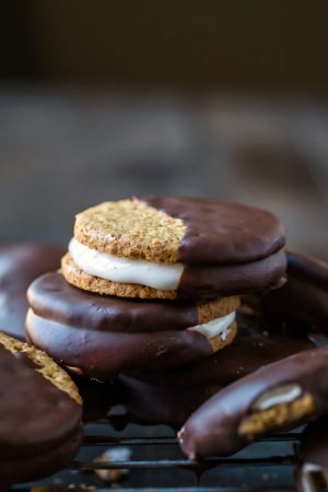 No bake s'mores cookies stacked on top of each other.