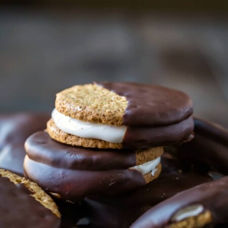 No bake s'mores cookies stacked on top of each other.