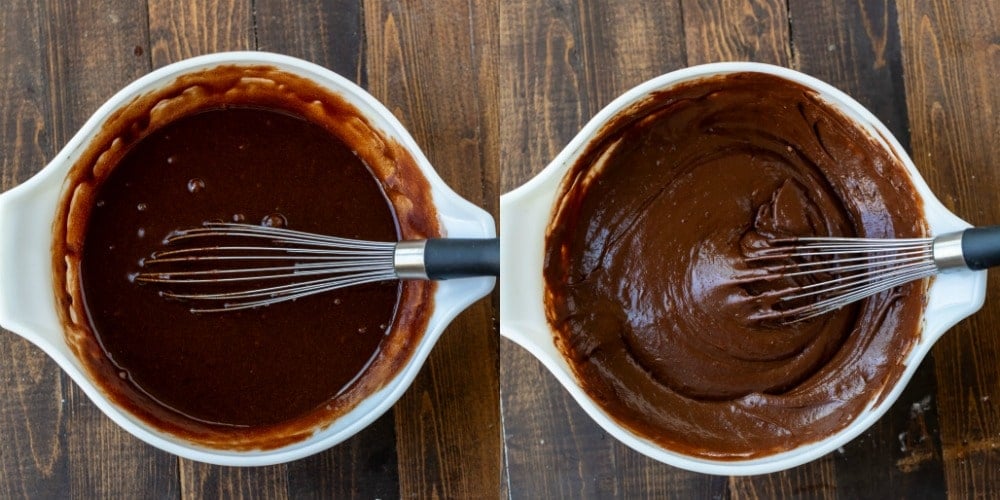 brownie batter in a white vintage bowl