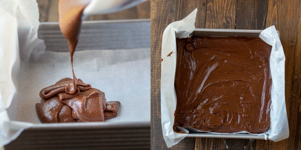 Brownie batter in a metal pan