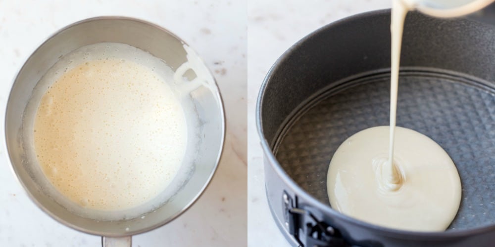 Olive oil cake batter in a silver mixing bowl