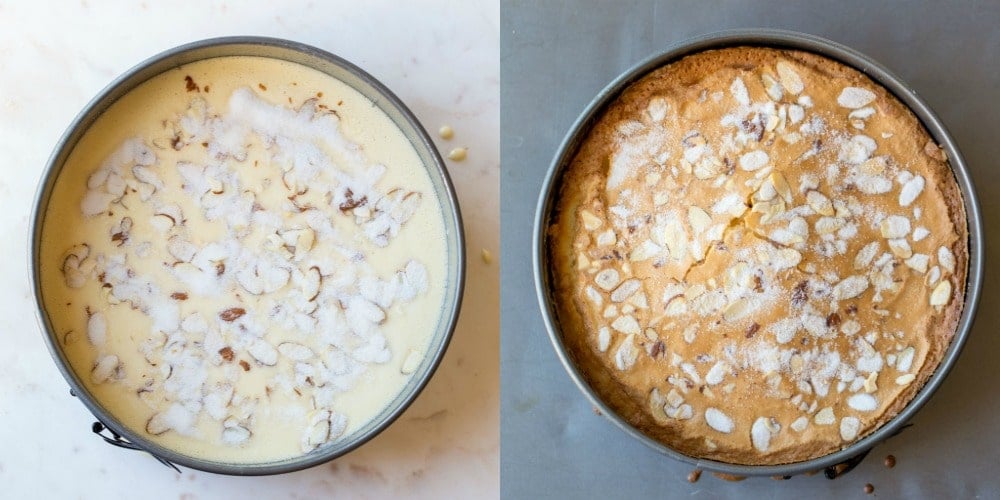 Olive oil cake batter in pan and baked cake