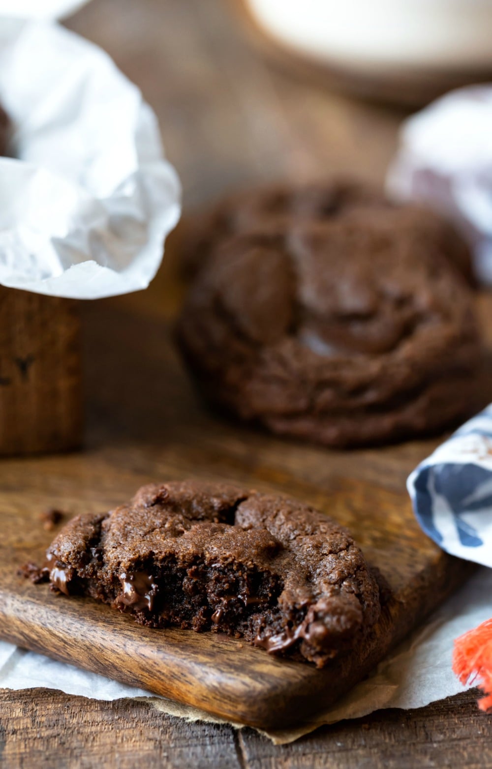 Chocolate Chocolate Chip Cookies on a wooden cutting board