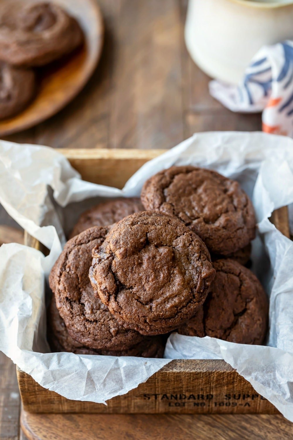 Chocolate Chocolate Chip Cookies in a wooden box