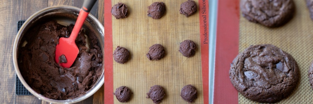 Chocolate chocolate chip cookie dough on a baking sheet