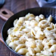 Homemade mac and cheese in a hammered metal dish