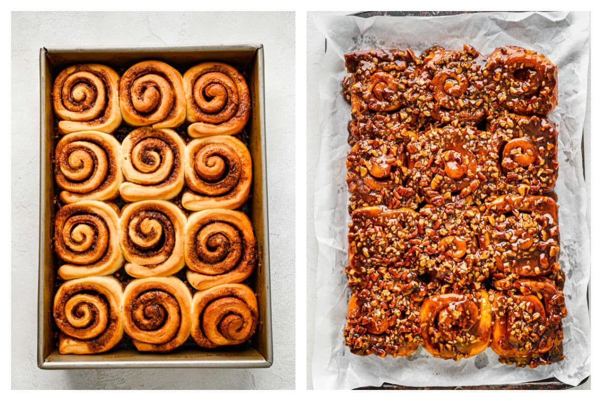 Baked sticky buns in a pan next to a tray of inverted sticky buns.