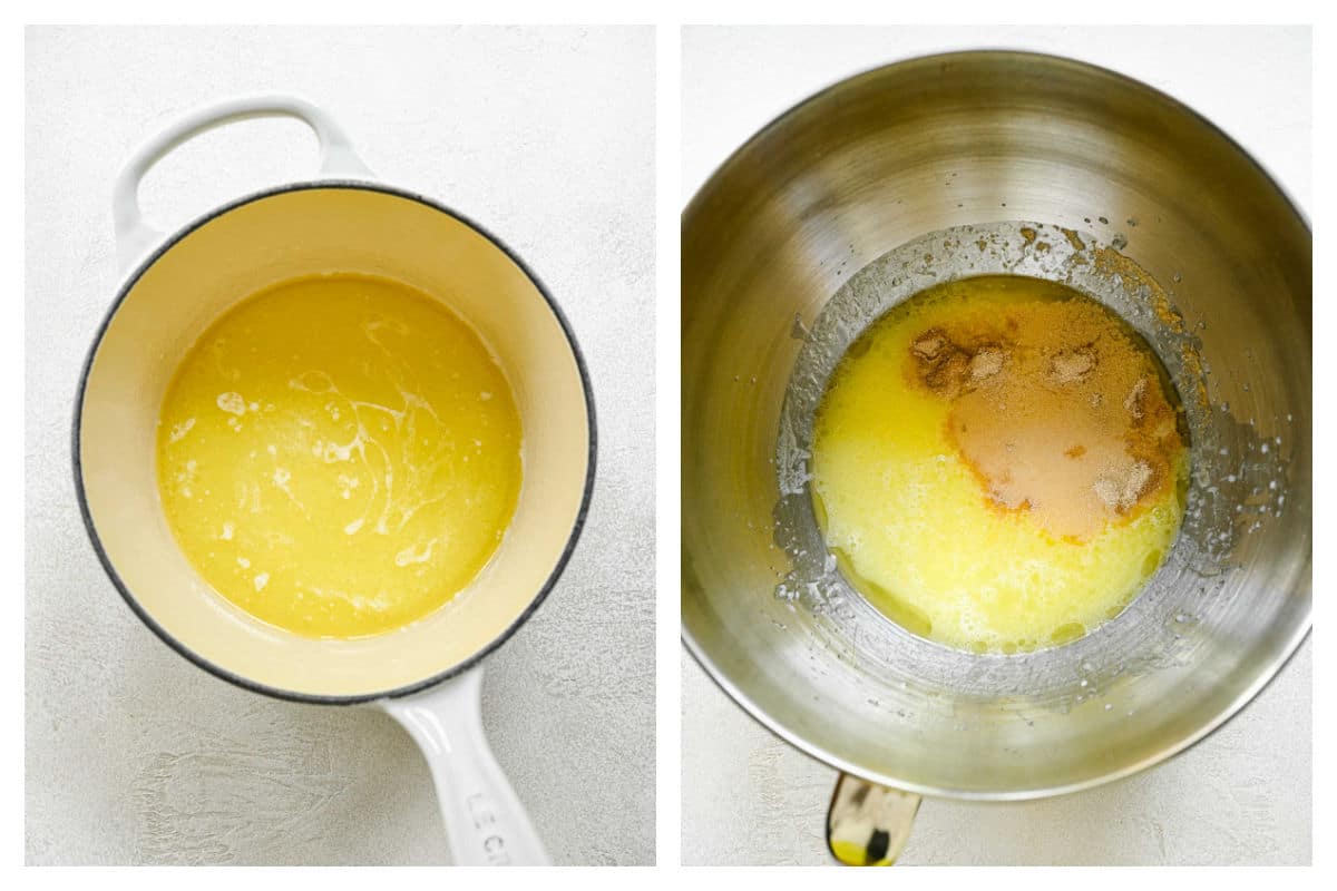 Melted butter in a saucepan next to yeast on melted butter mixture.