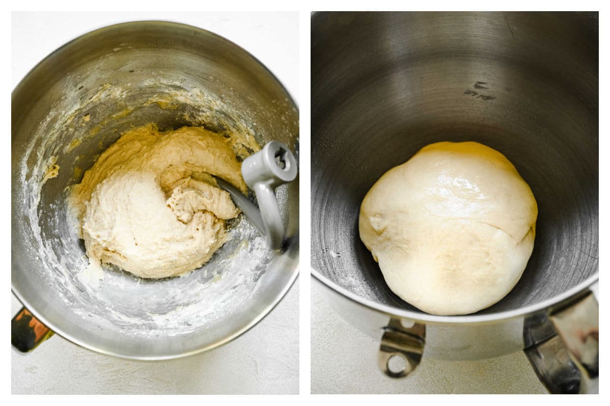 Unkneaded sticky bun dough next to kneaded sticky bun dough.