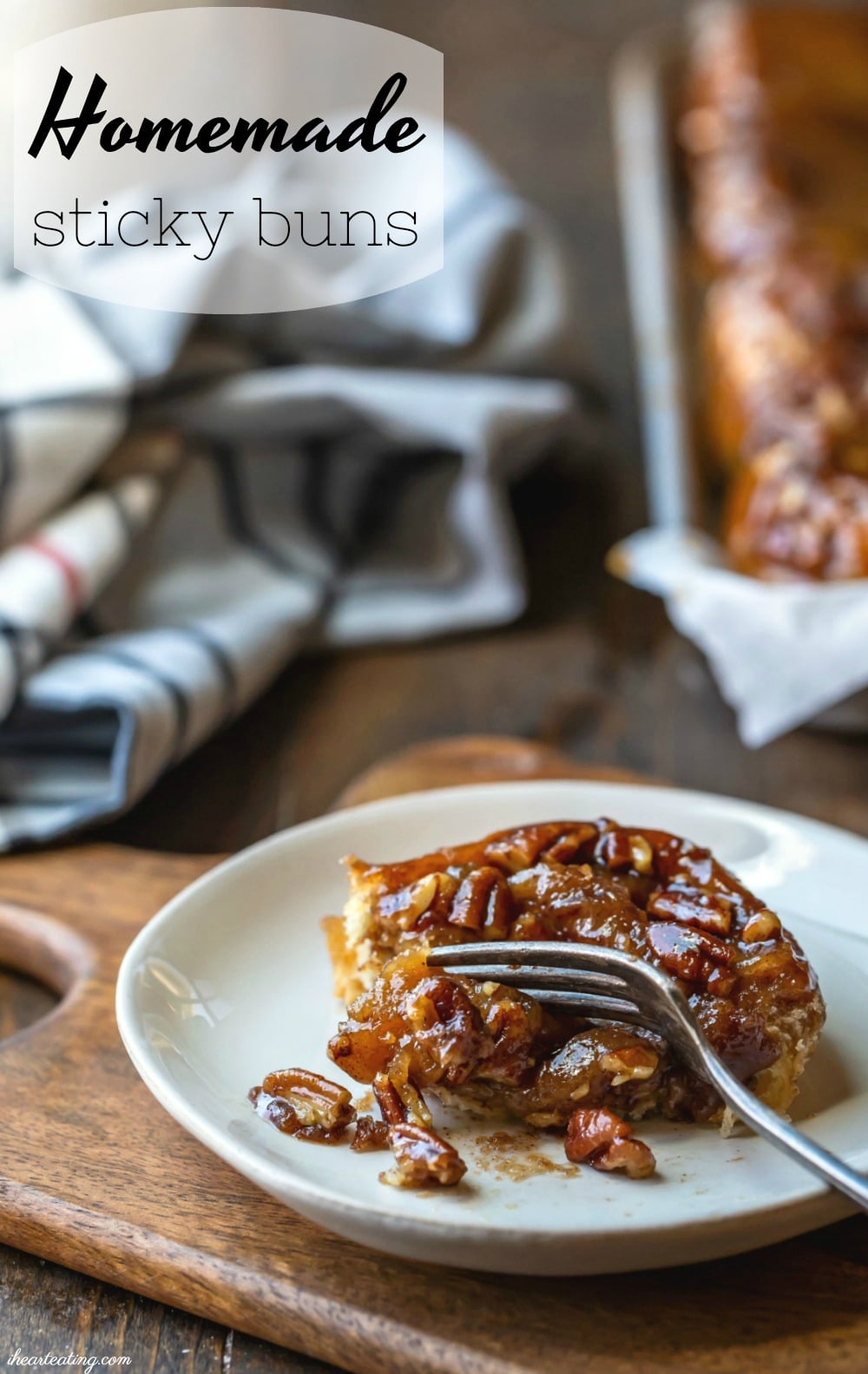 Easy homemade sticky buns start with a simple homemade dough and are topped with a rich, sticky nut topping. #stickybun #breakfast #dessert #recipe #yeast #holiday #Christmas #Thanksgiving #homemade #ihearteating