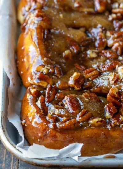 Sticky buns in a tray.