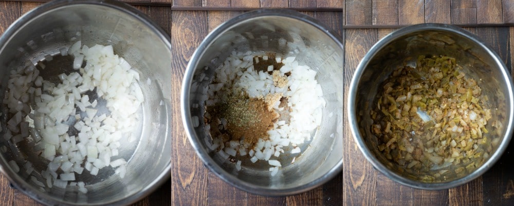 Onion, garlic, and seasonings in Instant Pot for white chicken chili