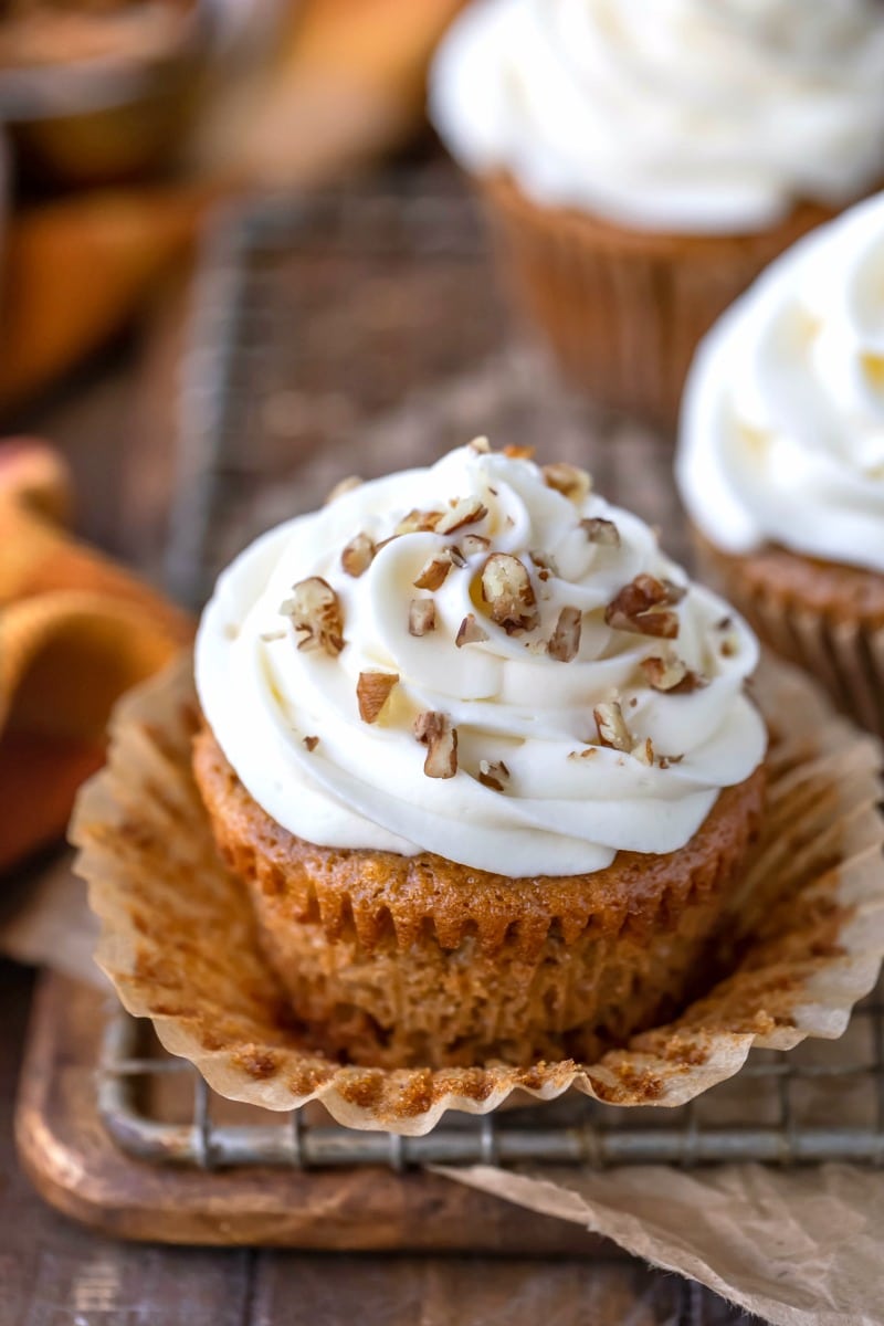 Apple spice cake cupcake on a wire cooling rack