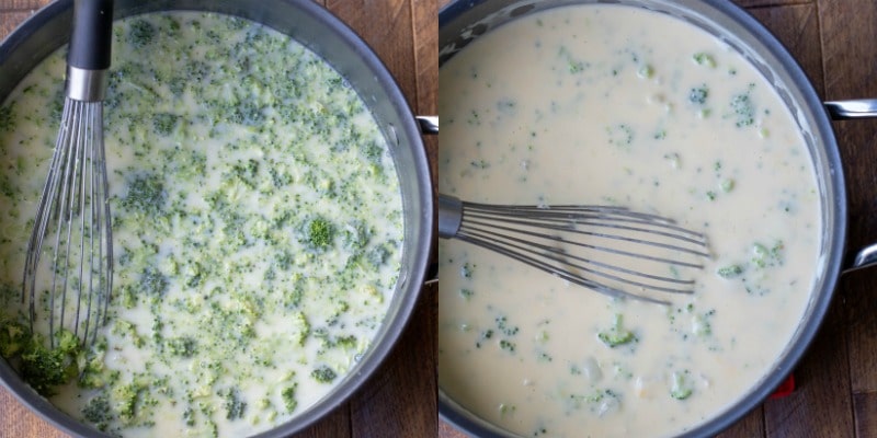 broccoli in broth mixture for broccoli cheese soup