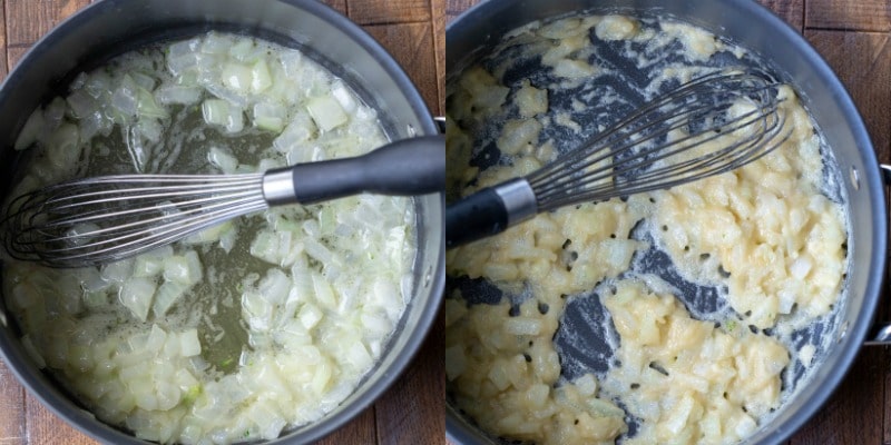 Onions cooking in butter for broccoli cheese soup