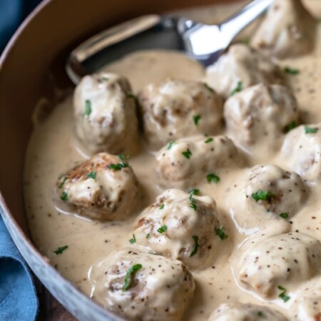 Swedish meatballs in a skillet.