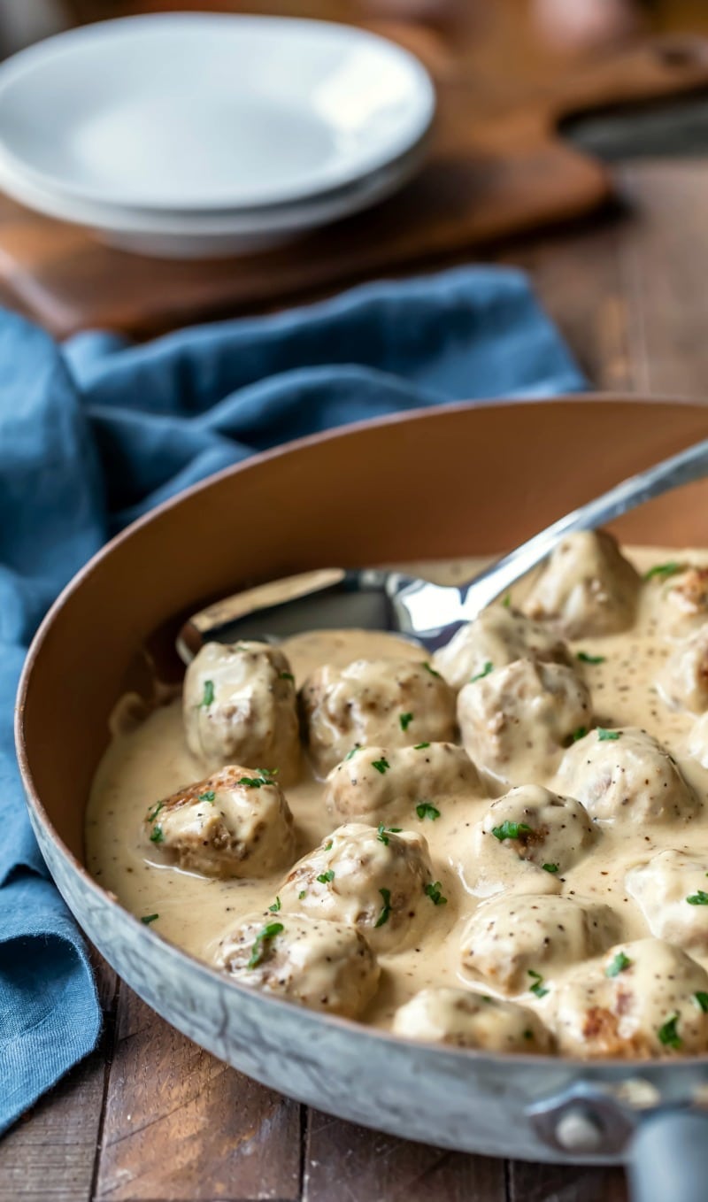 Swedish Meatballs with gravy in a copper skillet