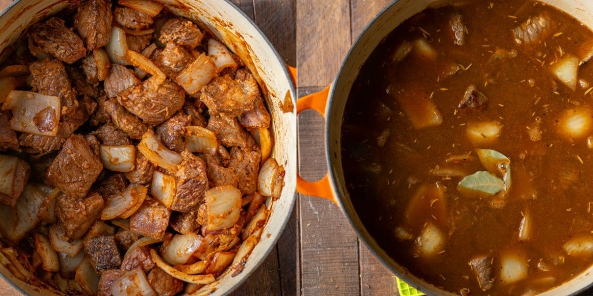 Beef stew in an orange Dutch oven