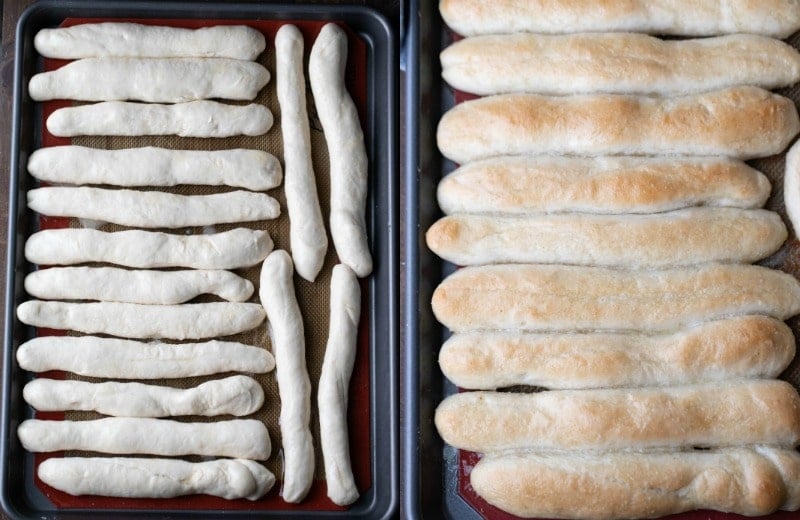 Risen breadstick dough on a baking tray