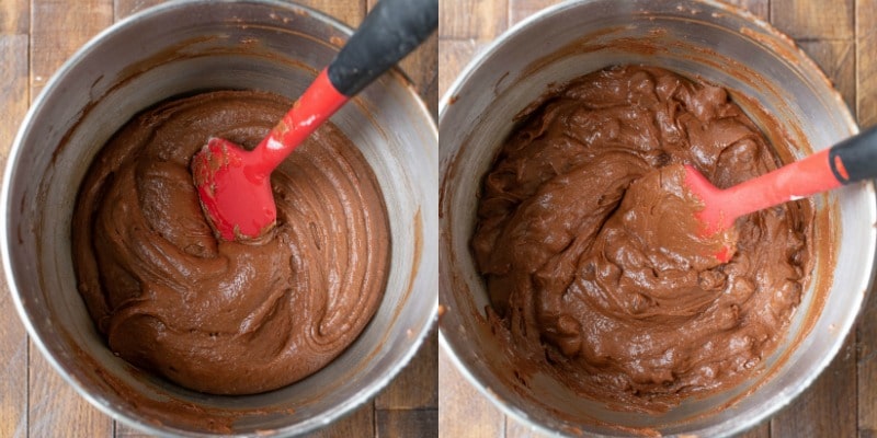 Brownie batter in a silver mixing bowl