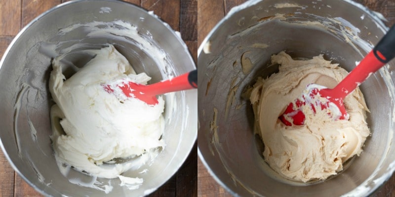 Cream cheese and peanut butter in a silver mixing bowl
