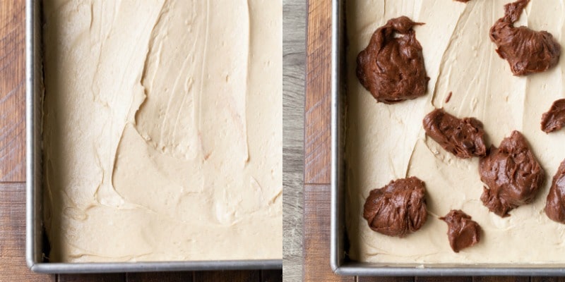 Peanut butter brownie batter in a metal baking dish